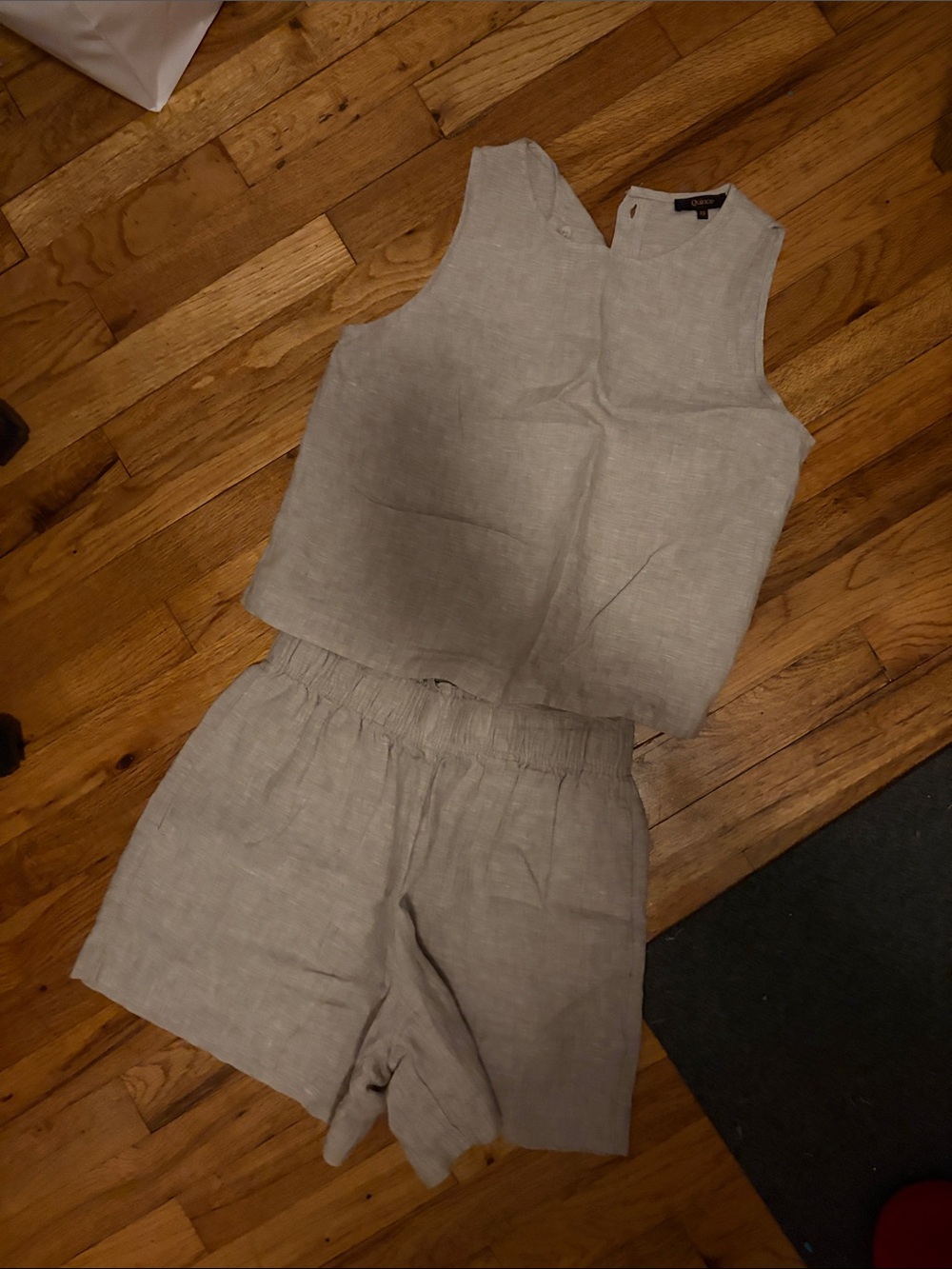 Quince Linen Tank & Elastic-Waist Shorts Set in Light Taupe